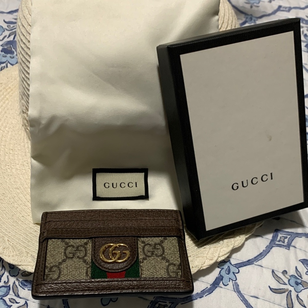 Gucci GG Canvas Card Holder with Brown Leather and Green/Red Stripe